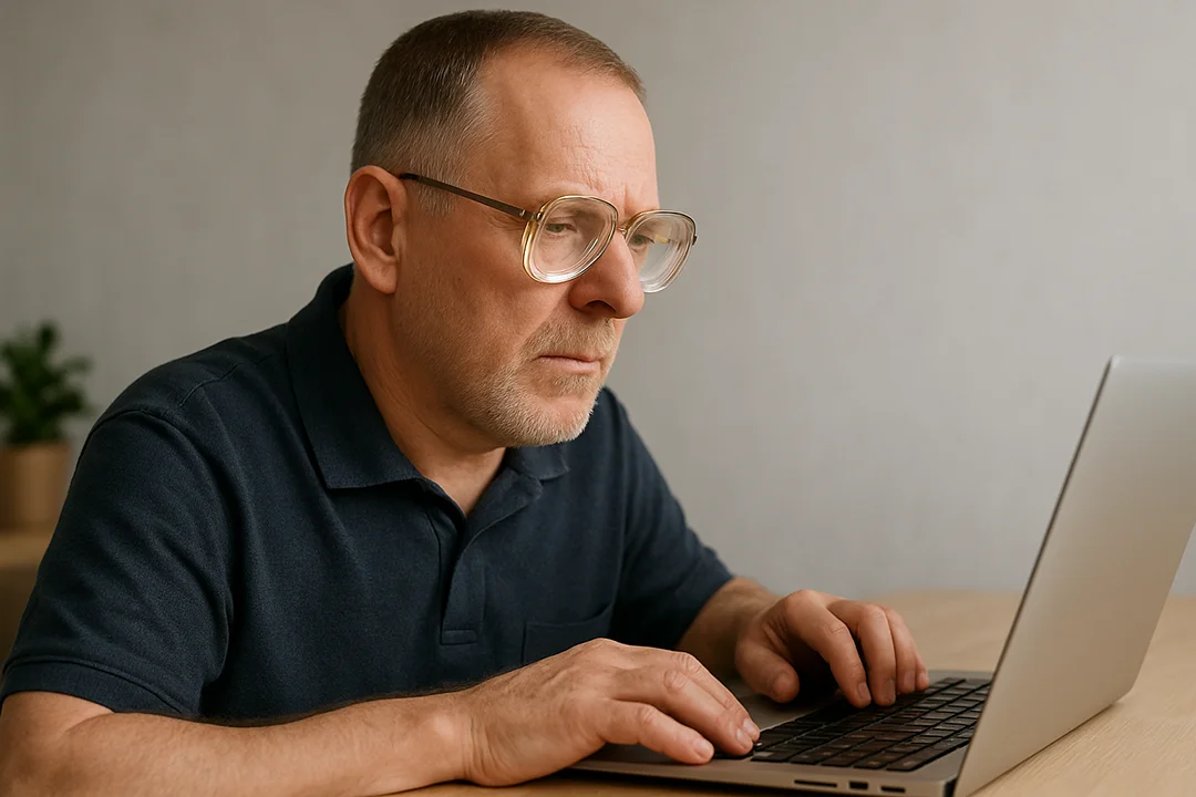 Foto eines Mannes mit Sehbehinderung, der an einem Laptop sitzt.