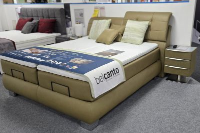 Boxspringbett in Moos 180 x 200 cm, mit Kopfteilverstellung, Rücken unecht. Matratzen H2 + H3 und Topper. Fuß H 10 cm,  Inkl. Plaid und Kissen, 2 Konsolen mit 3 Schubkästen, Motor mit Fernbedienung mit Licht und Matratzenhalter.